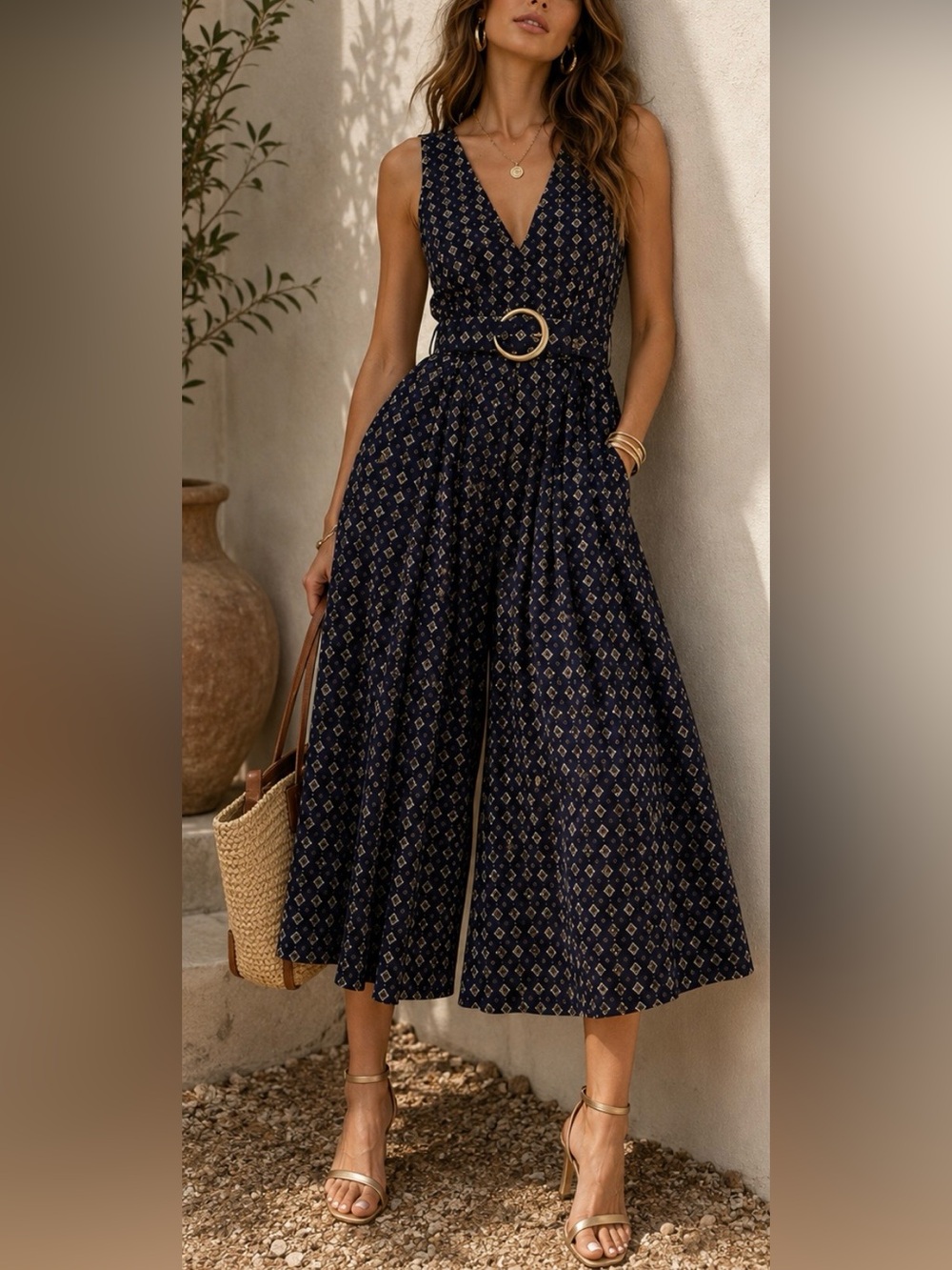 Sleeveless Navy Printed Wide-Leg Jumpsuit with Gold Ring Belt. 1990’s NEW!